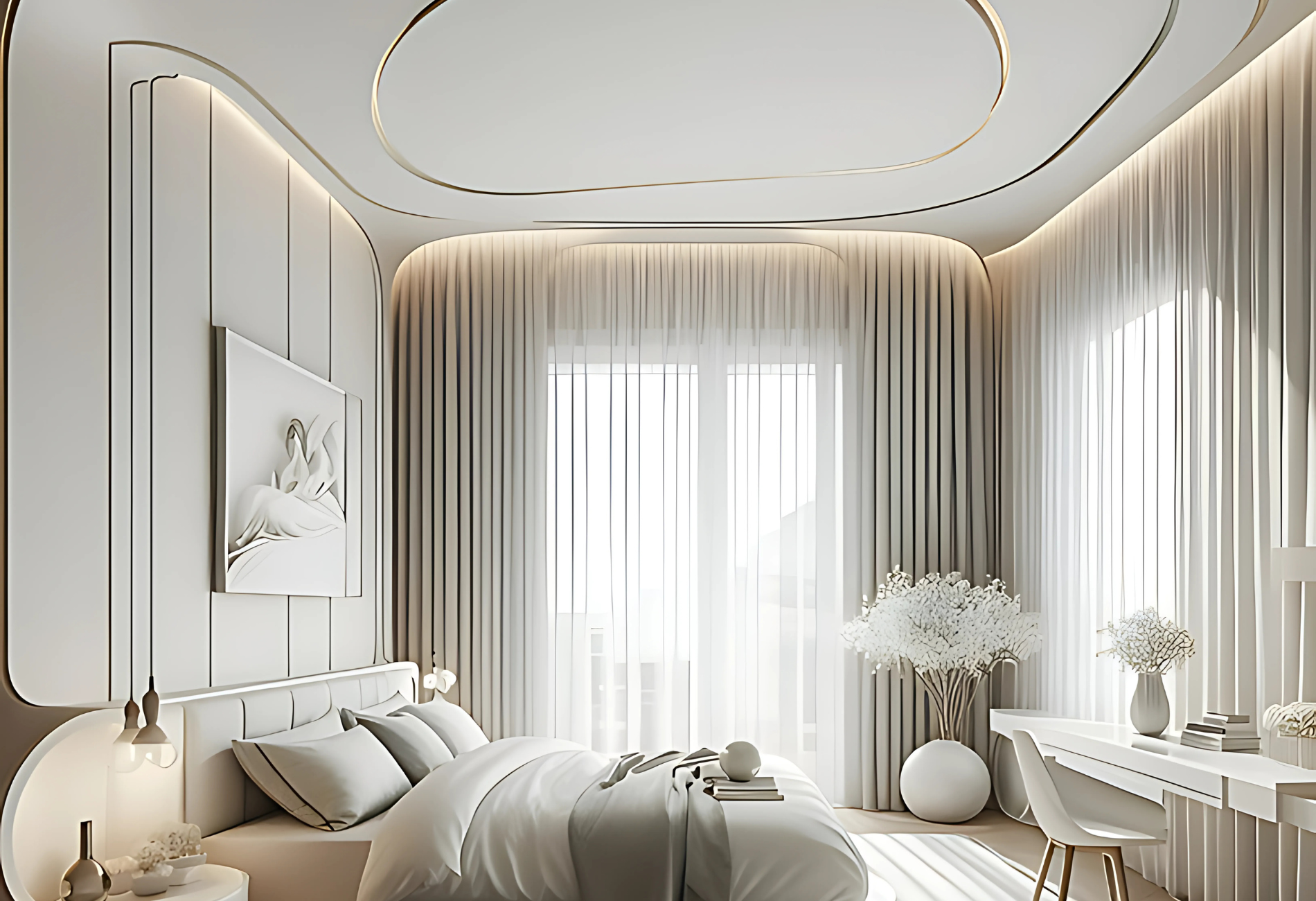 Ốp trần thạch cao uốn cong mang đến vẻ đẹp nhẹ nhàng, tao nhã cho không gian phòng ngủ (Nguồn: Pinterest)