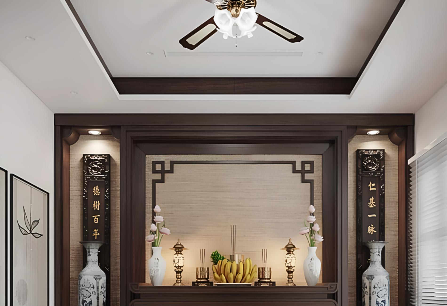 Trần thạch cao được thiết kế đơn giản, phù hợp với không gian phòng thờ có phong cách cổ xưa, trang nghiêm (Nguồn: Pinterest)