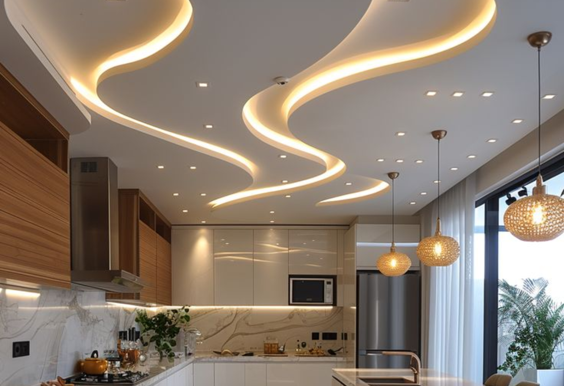 Trần thạch cao được thiết kế với những đường nét uốn lượn rất tinh tế giúp không gian phòng bếp trông bắt mắt hơn (Nguồn: Pinterest)