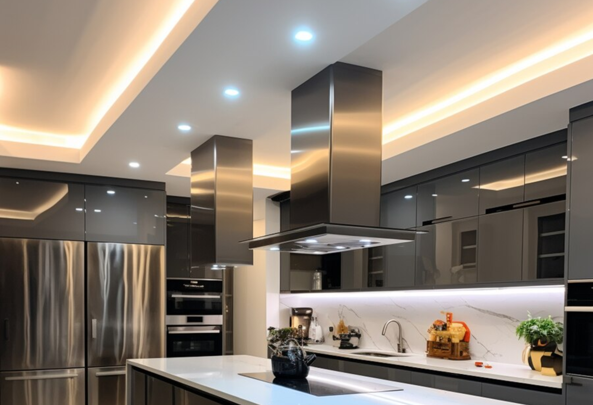 Trần thạch cao giật cấp 1 kết hợp hệ thống đèn LED chìm xuyên suốt không gian phòng khách (Nguồn: Freepik)