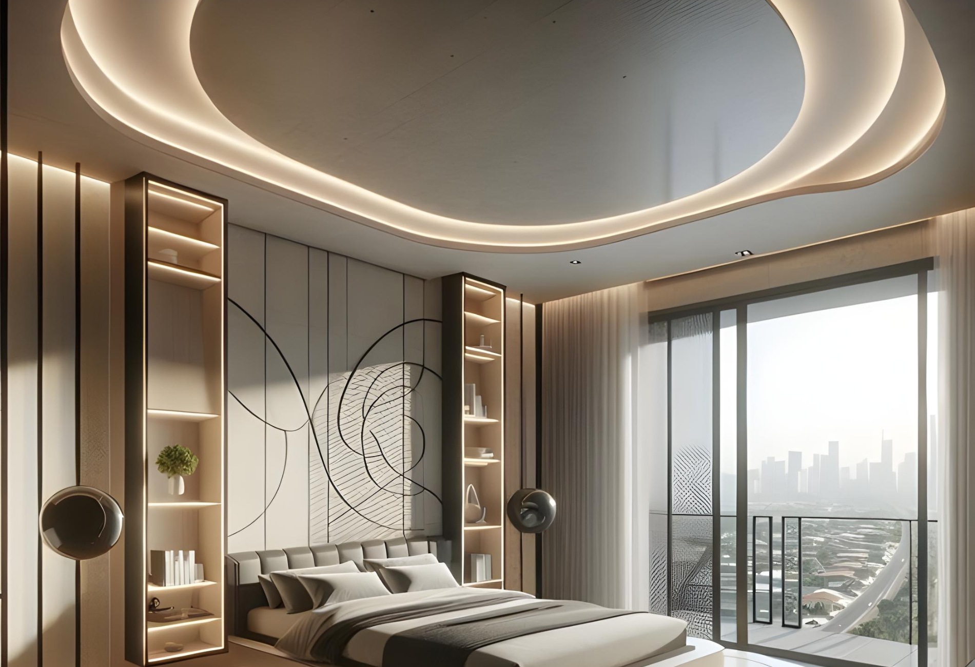 Trần thạch cao giật cấp 3 uốn cong cho phòng ngủ (Nguồn: Pinterest)