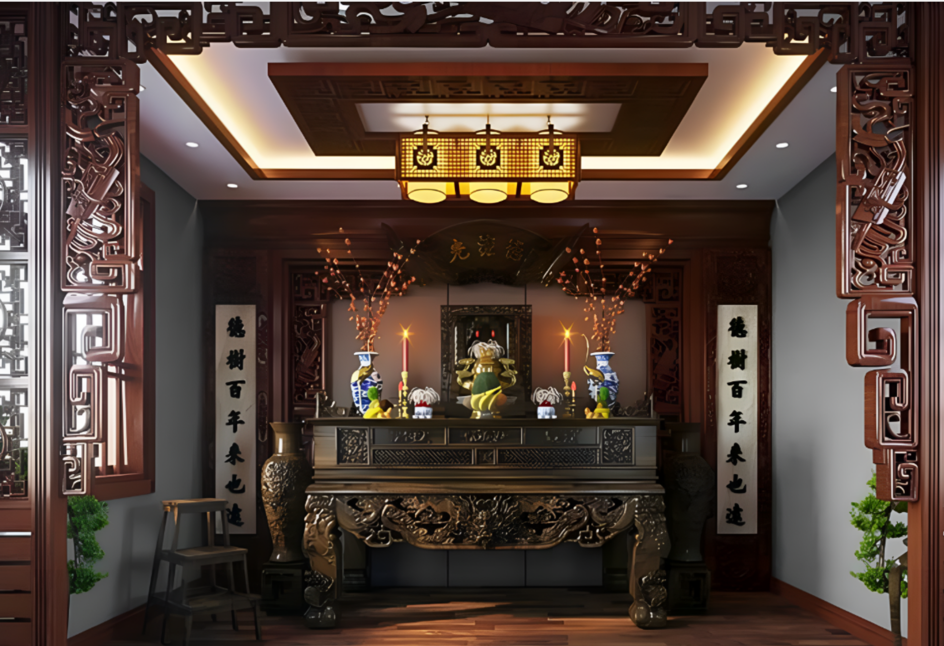 Trần thạch cao giật cấp kết hợp với họa tiết màu gỗ giúp tạo điểm nhấn cho không gian phòng thờ (Nguồn: Pinterest)