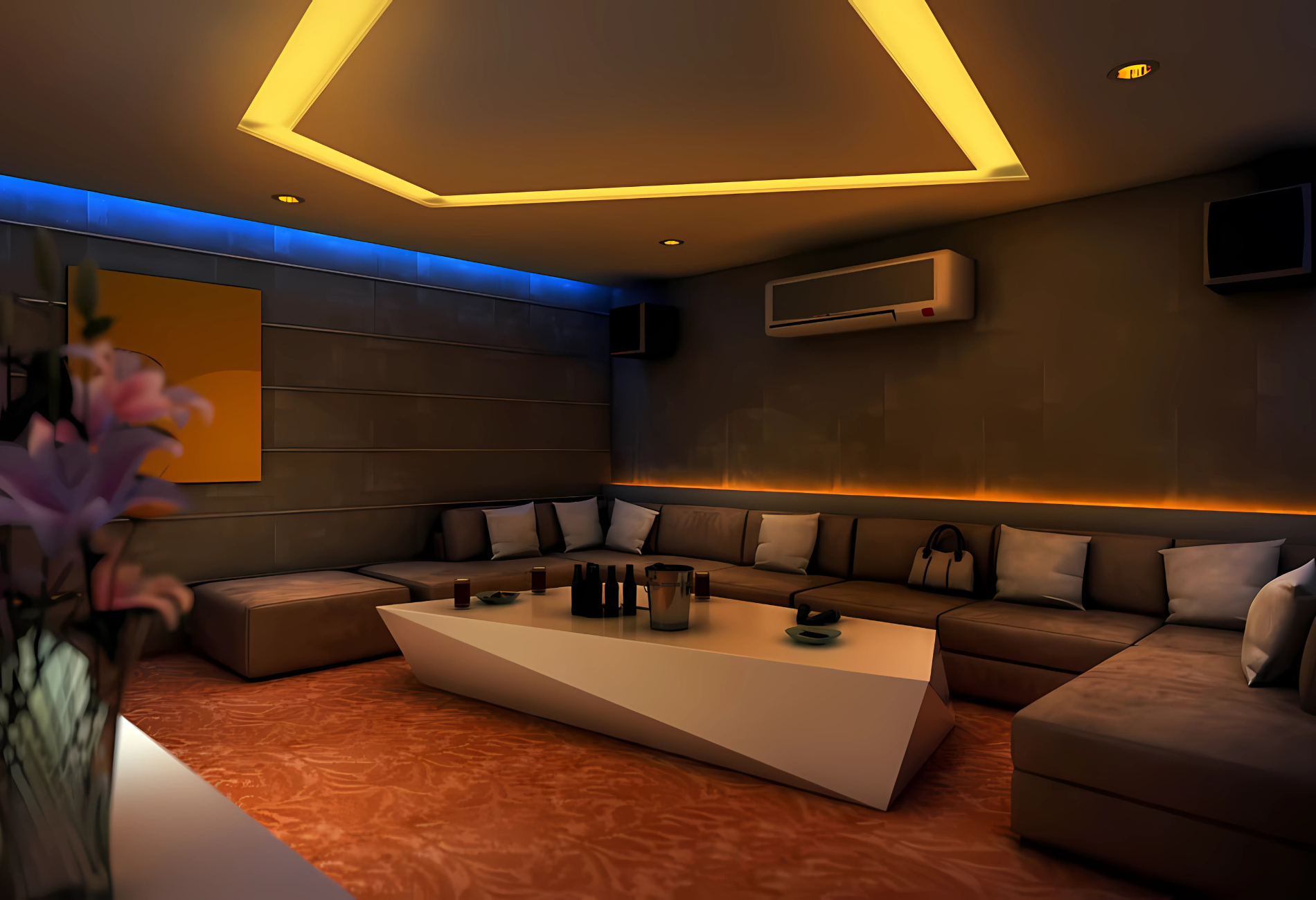 Trần thạch cao với thiết kế hình X tạo điểm nhấn độc đáo, mới lạ cho phòng karaoke (Nguồn: Pinterest)