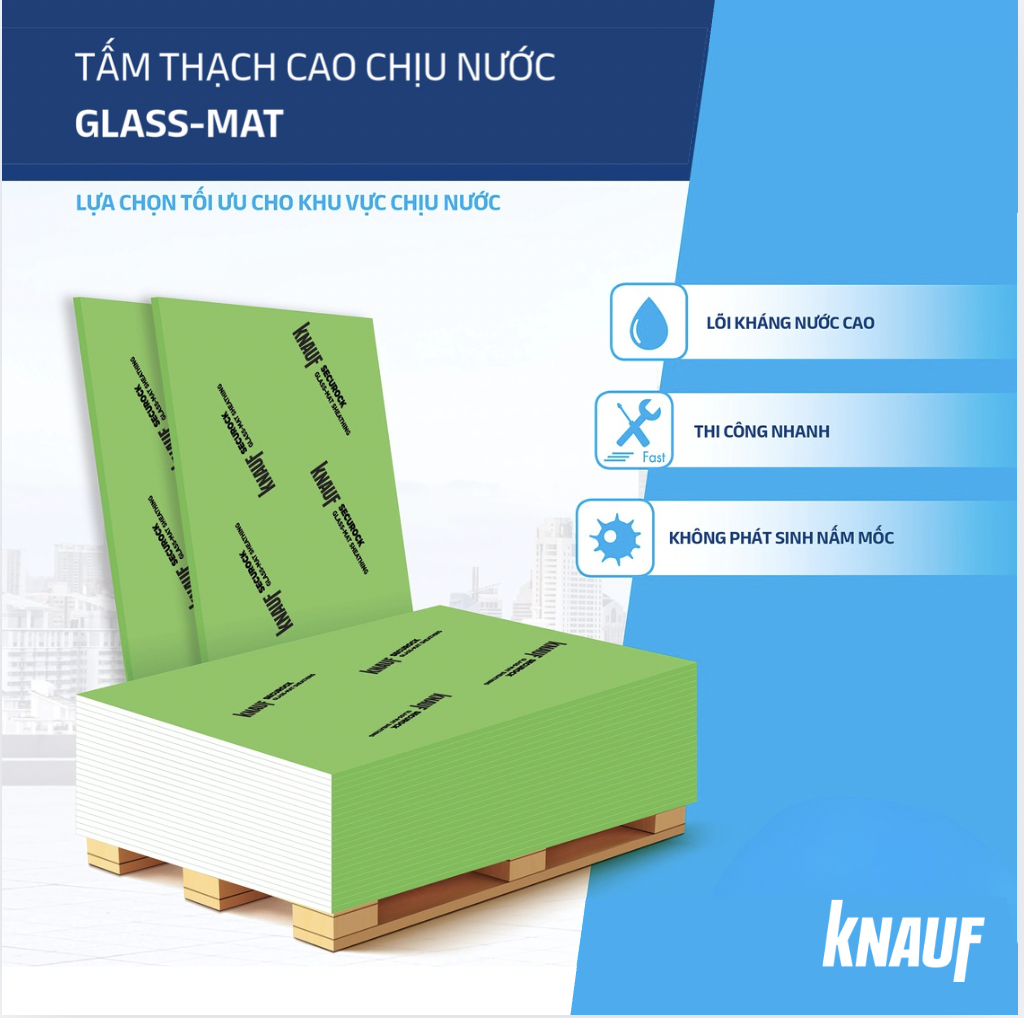 Tấm thạch cao chịu nước có đặc điểm nhận dạng rõ ràng với lớp giấy xanh lá (Nguồn: Knauf Việt Nam)